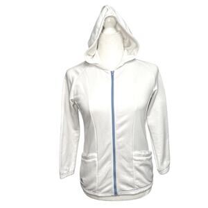 ADIDAS White/Blue‎ Climalite Zip Front 3/4 Sleeve Hood Jacket Pockets Size Small